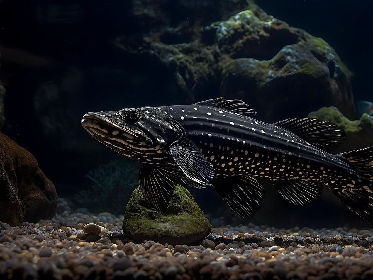 Largemouth bass suspended near submerged logs, caught in early morning light