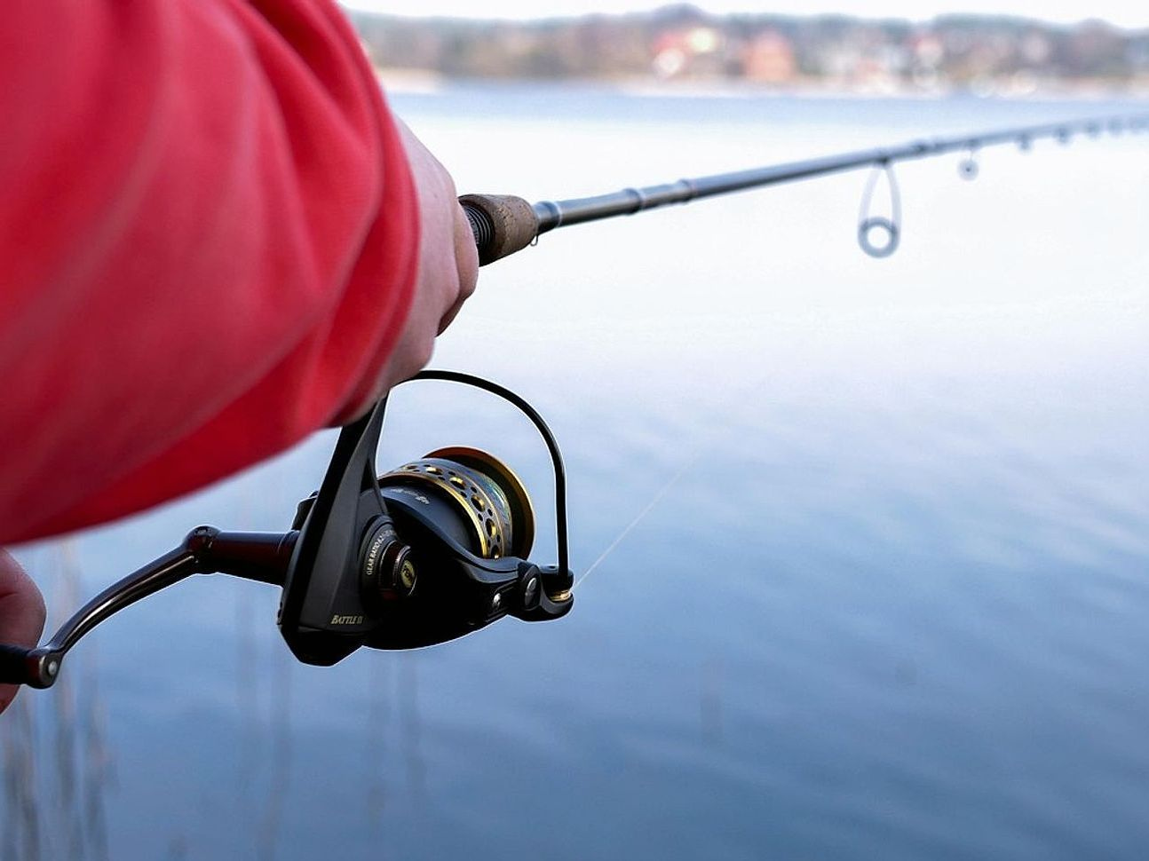 Hands holding a freshwater fish above a fishing net in shallow water